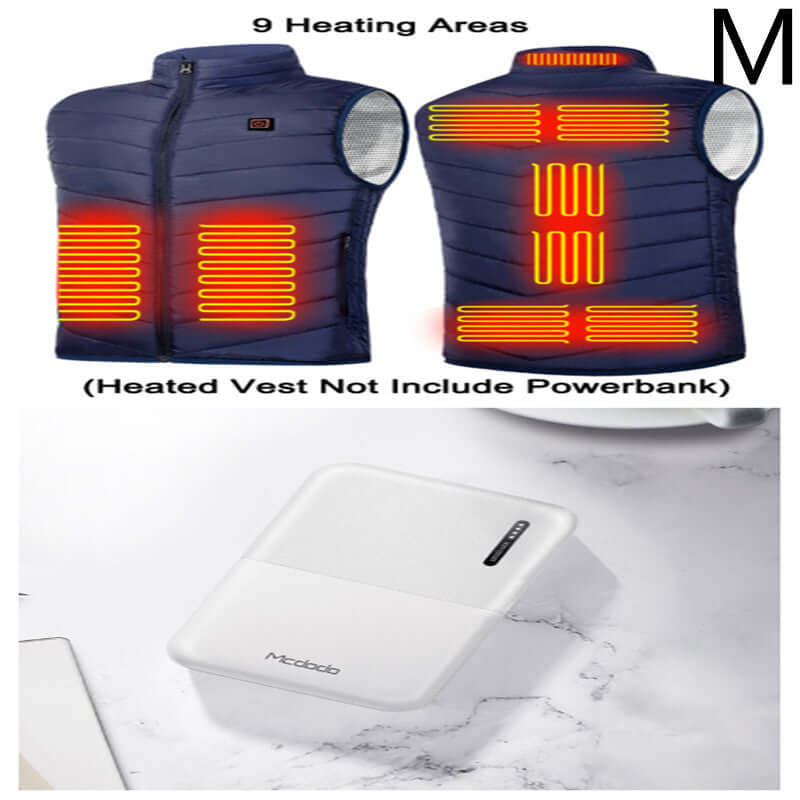 Navy heated vest with 9 heating zones and white 10000mAh Power Bank Heating Vest Mobile Charger, size M.