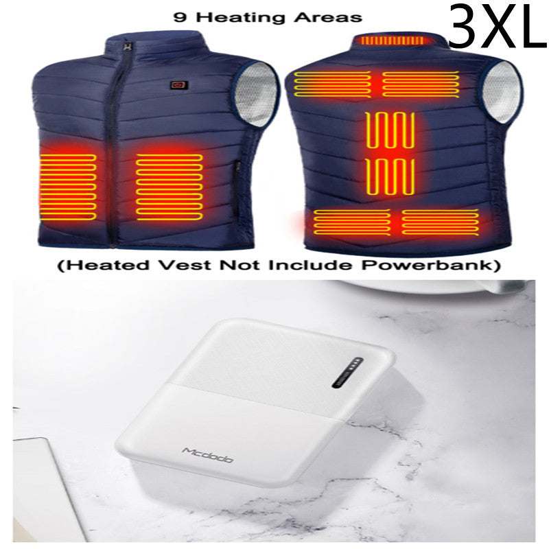 Navy heated vest with 9 heating zones and white 10000mAh Power Bank Heating Vest Mobile Charger, size 3XL.