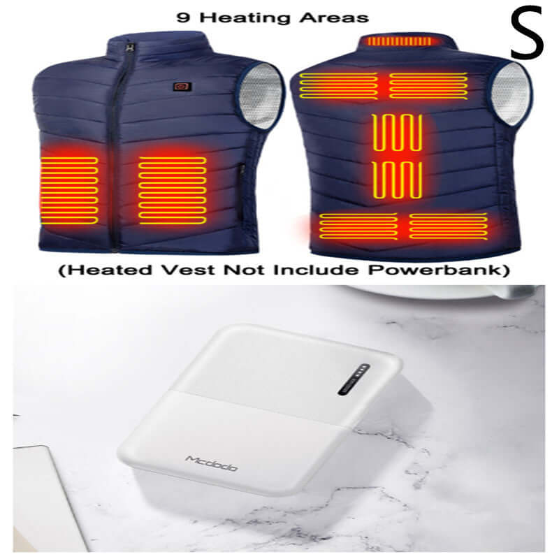 Navy heated vest with 9 heating zones and white 10000mAh Power Bank Heating Vest Mobile Charger, size S.