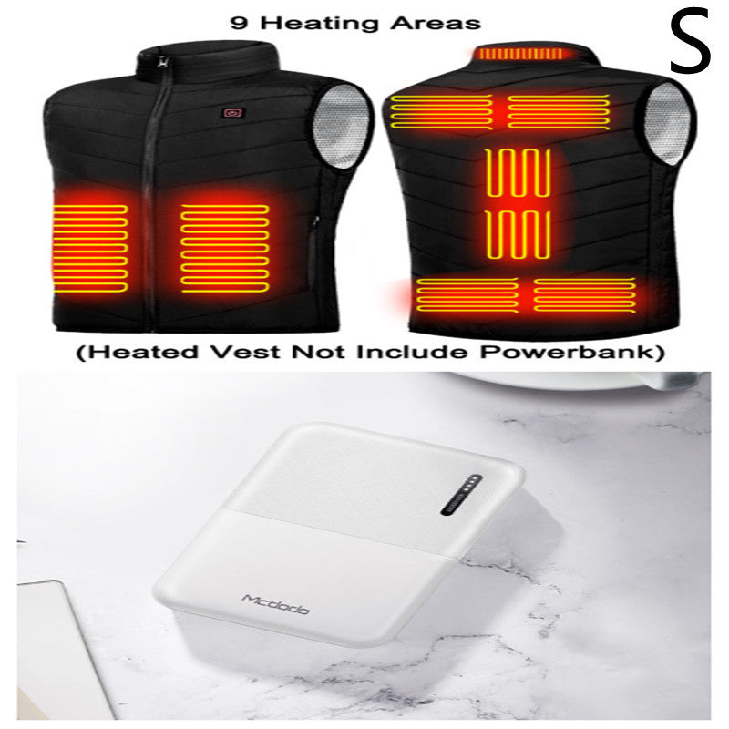 Black heated vest with 9 heating zones, shown with white 10000mAh Power Bank Heating Vest Mobile Charger, size S.